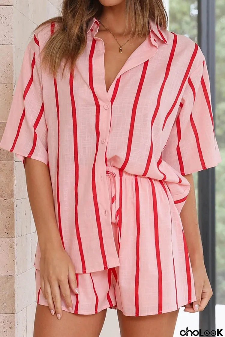 Contrast Striped Shirt Two-piece Shorts Set