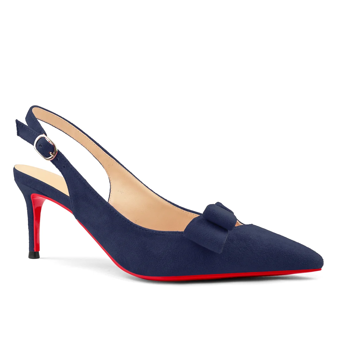 60mm Women's Pointed Toe Kitten Heels Bow-Knot Slingback Pumps Red Bottom Suede Sandals-MERUMOTE