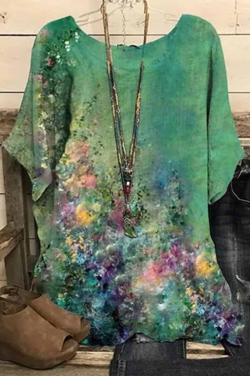 Flycurvy Plus Size Casual Green Linen Oil Painting Graffiti Print Blouse 2024 - Flycurvy 