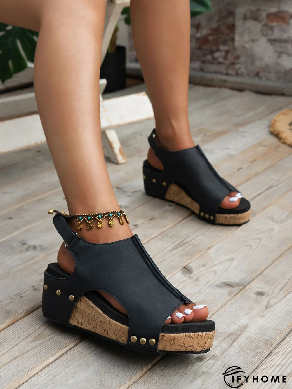 Black Vintage Leather Stitching Studded Wedge Sandals | IFYHOME