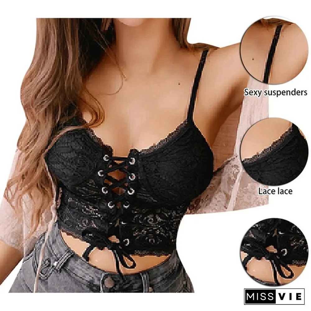 Women Fashion V-neck Sheer Tops Lace Floral Bralette Bandage Hollow Solid Color Slim Fit Top Bra