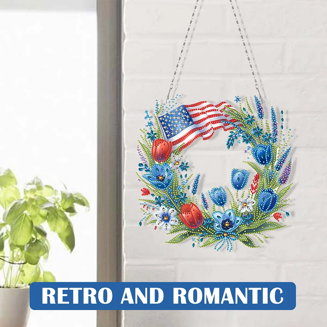 DIY Independence Day Wreath 5D Diamond Painting Dots Pendant for Window Wall