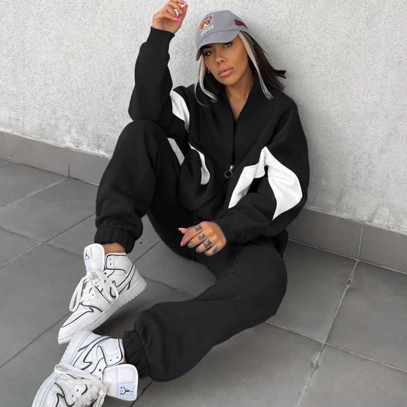 Uforever21 2023 Fall Outfit Women Tracksuit Set Patchwork Print Zipper Sweatshirt Jacket And Elastic Waist Pants Outfits Female Autumn Winter Two Piece Sets