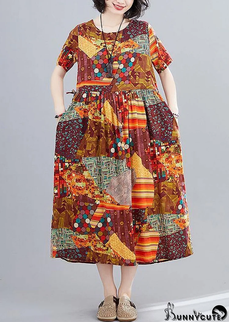 Women yellow print Long Shirts o neck Cinched A Line Dress