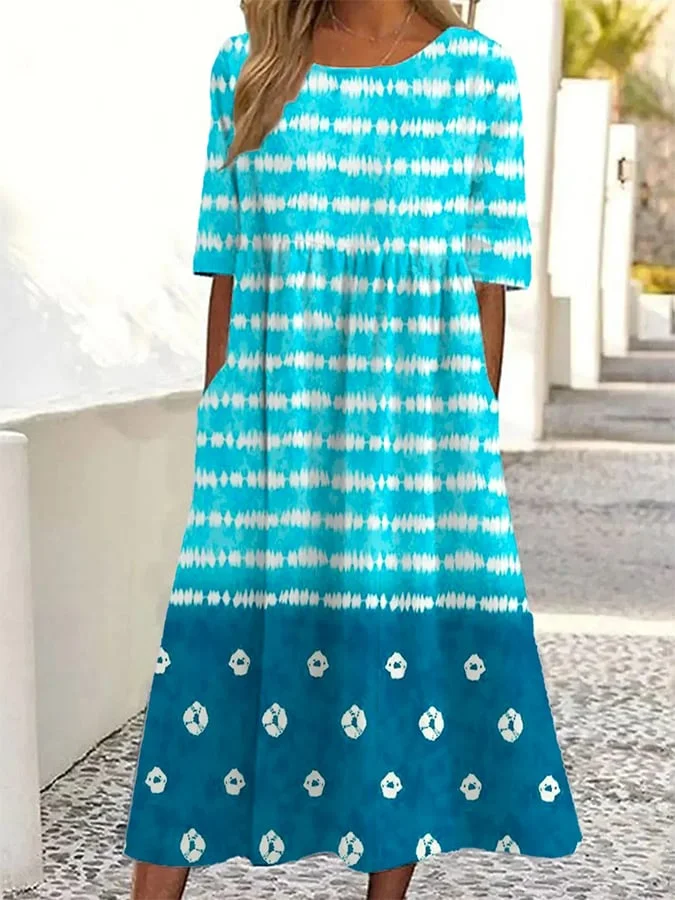 Women's Casual Round Neck Half Sleeve Striped Contrast Print Dress 