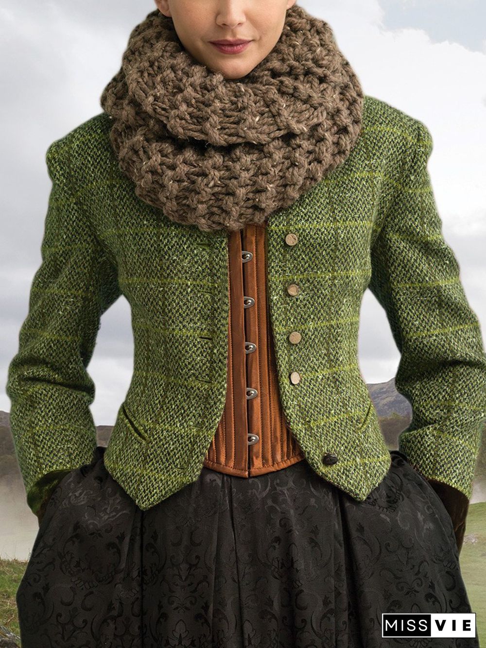 Brown Paneled Long Sleeve Plaid Knit coat