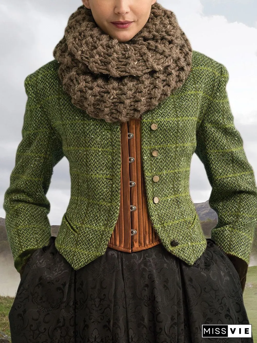 Brown Paneled Long Sleeve Plaid Knit coat