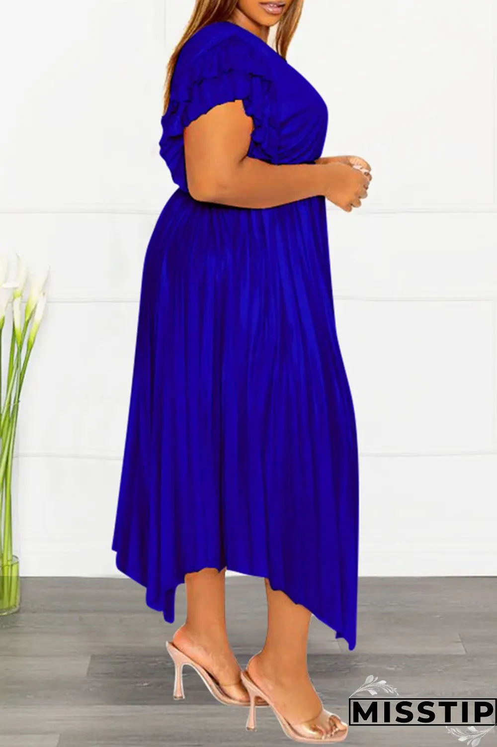 Pink Casual Solid Patchwork V Neck Pleated Plus Size Dresses