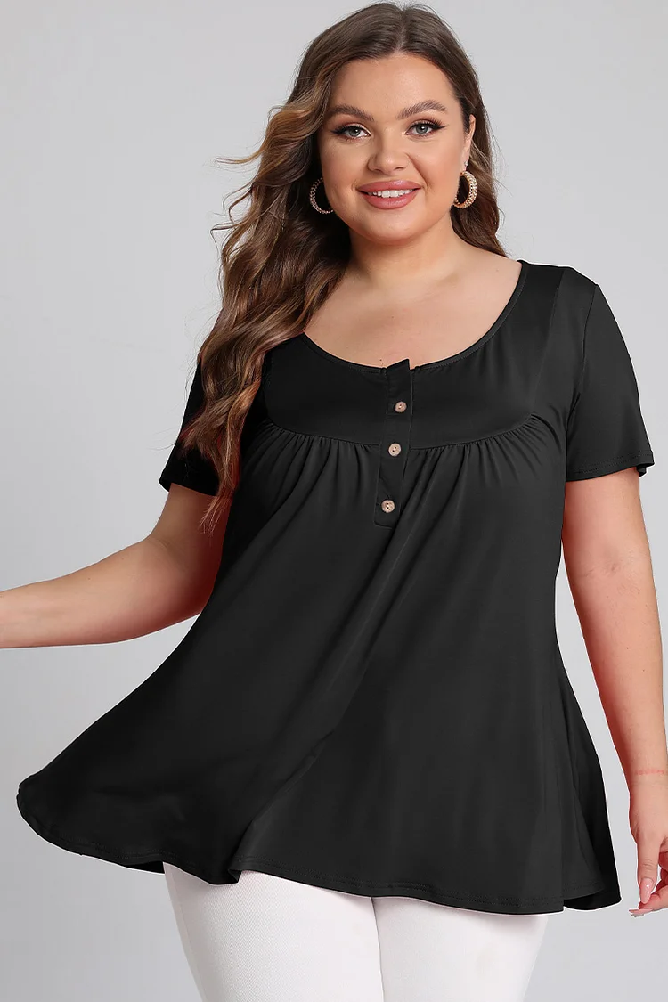 Plus Size Split Neck Short Sleeve Solid Casual Curved T Shirt FlyCurvy Flycurvy [product_label]