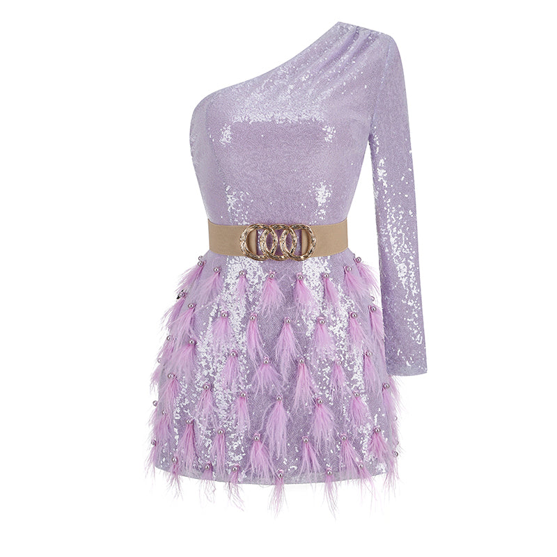 ONE-SHOULDER  FEATHER SEQUINS MINI DRESS