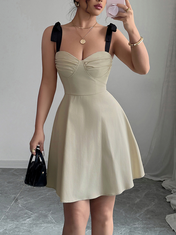 A-Line High Waisted Pleated Zipper Spaghetti-Neck Mini Dresses