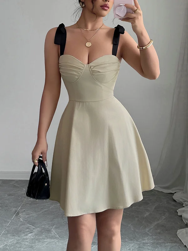 Zipper Pleated Sleeveless High Waisted Spaghetti-Neck Mini Dresses