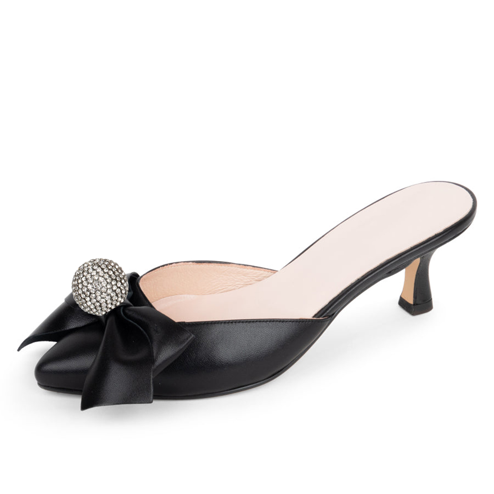 Black Satin Pointed Toe Kitten Heel Rhinestone Mules with Bow Nicepairs