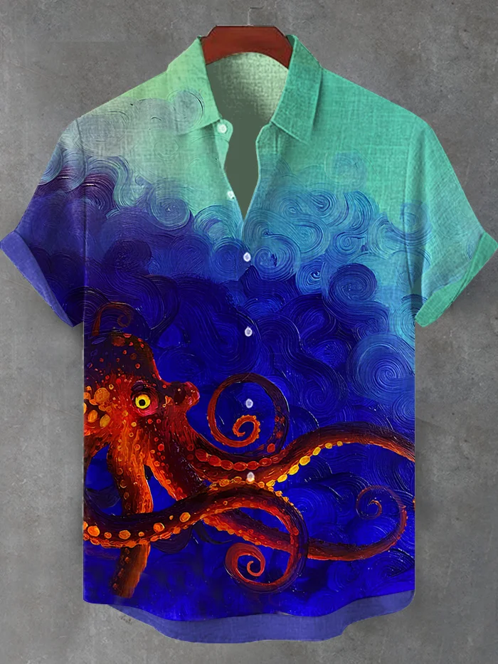 Men's Marine Art Octopus Print Short Sleeve Shirt