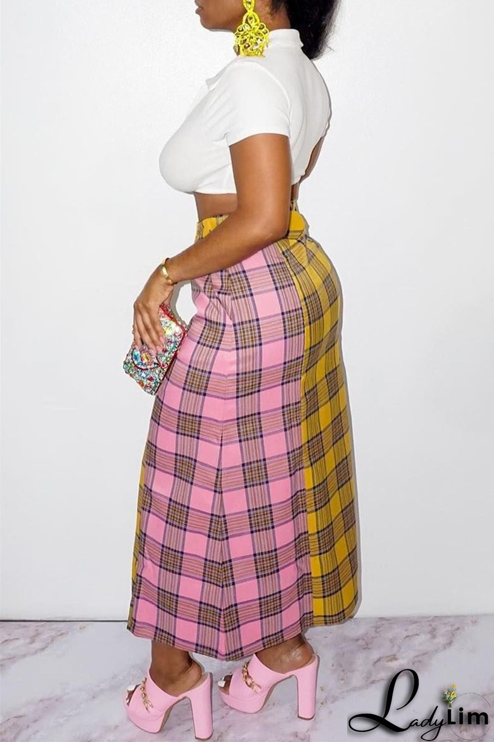 Red Fashion Casual Plaid Print Split Joint Regular High Waist Skirt