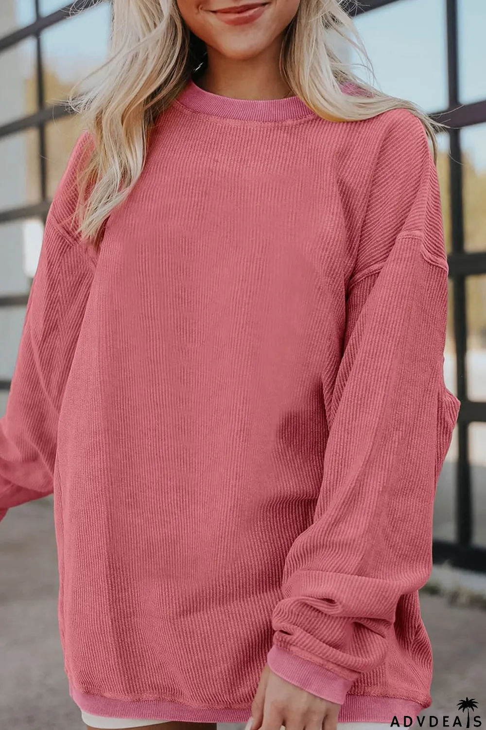 Strawberry Pink Ribbed Corded Oversized Sweatshirt