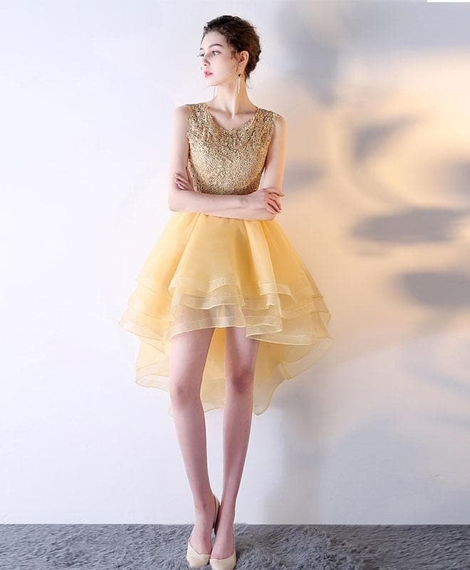 Gold Lace Tulle Short Prom Dress, High Low Evening Dress