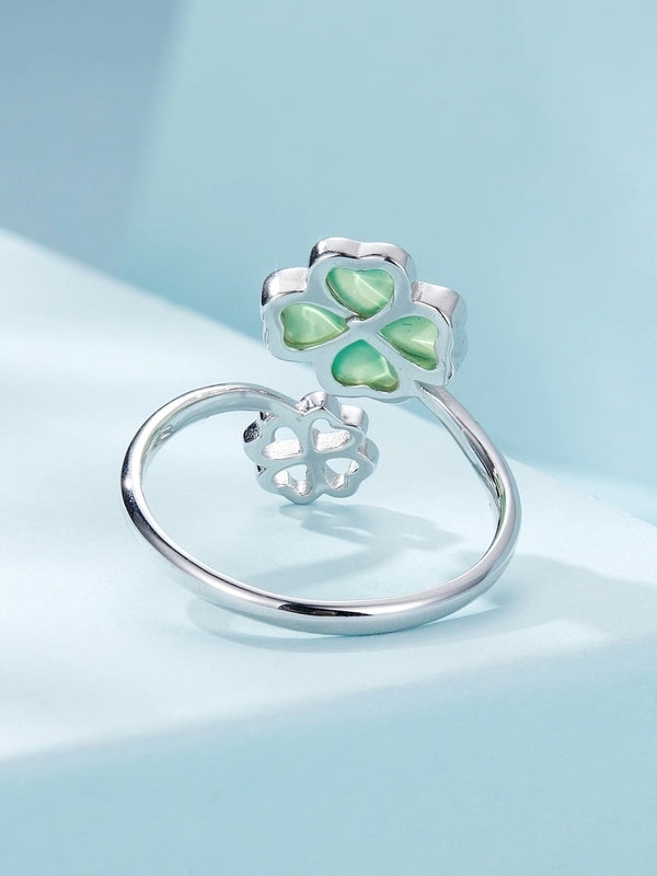 White Gold Plated 925 Sterling Silver Glass Four Leaf Clover Open Rings