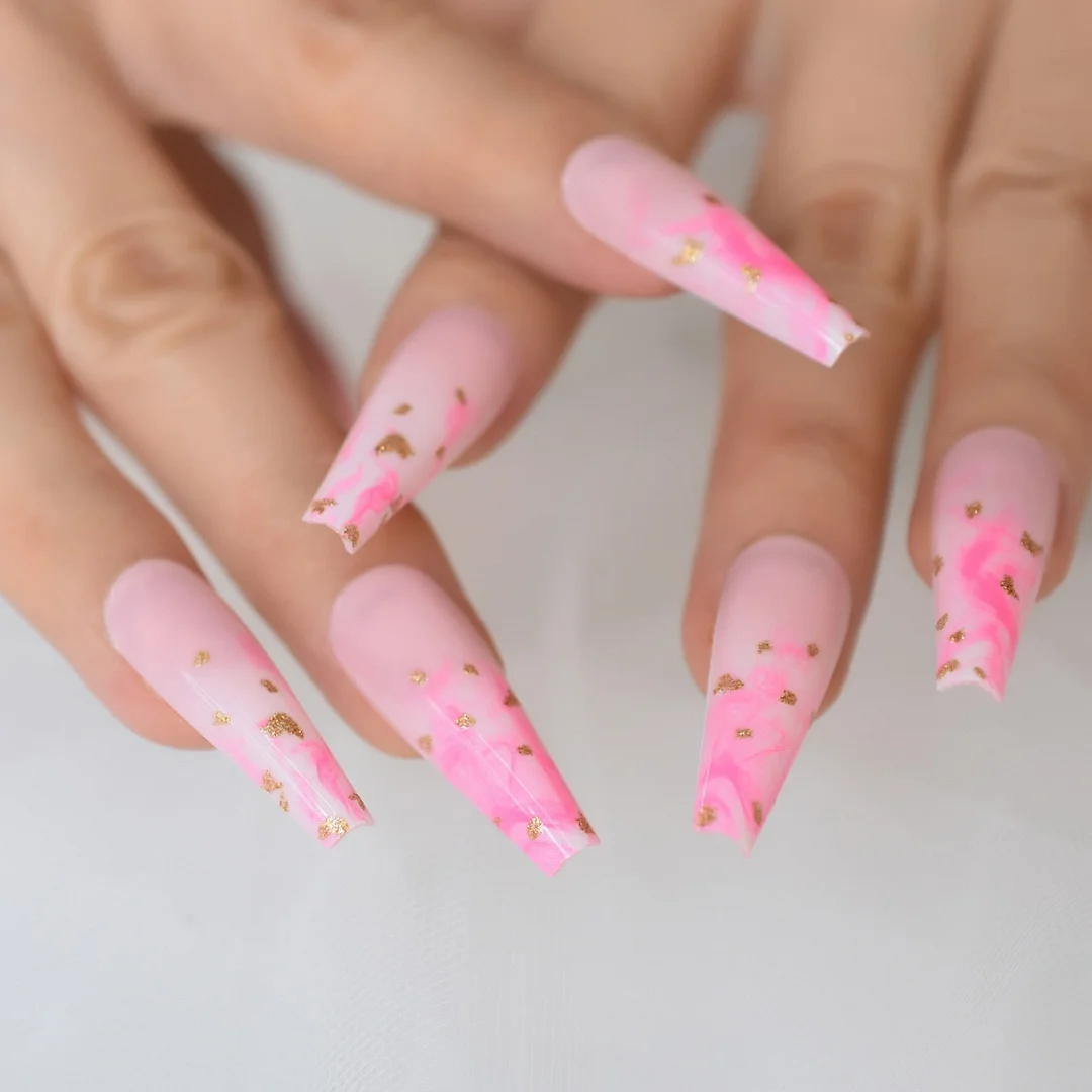 Super Long Acrylic Nails Coffin Pink Press-ons Rose Flowers Fake Nails Ballerina Gel False Nails Tips French Manicure-Nail Inspo