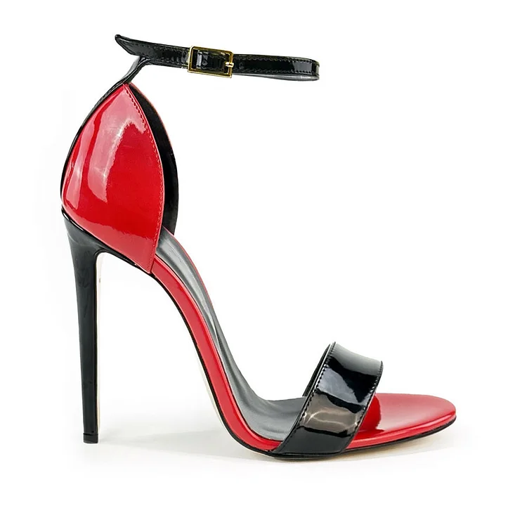 Red and Black Patent Leather Ankle Strap Heeled Sandals|FSJshoes