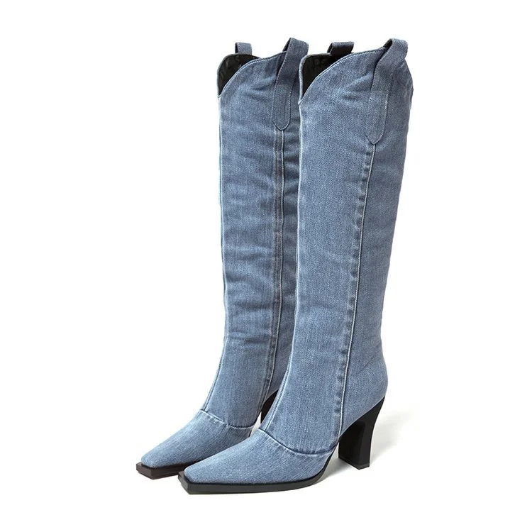 Chunky Western Cowboy Pointed Toe Below The Knee Knight Boots-PABIUYOU- Women's Fashion Leader