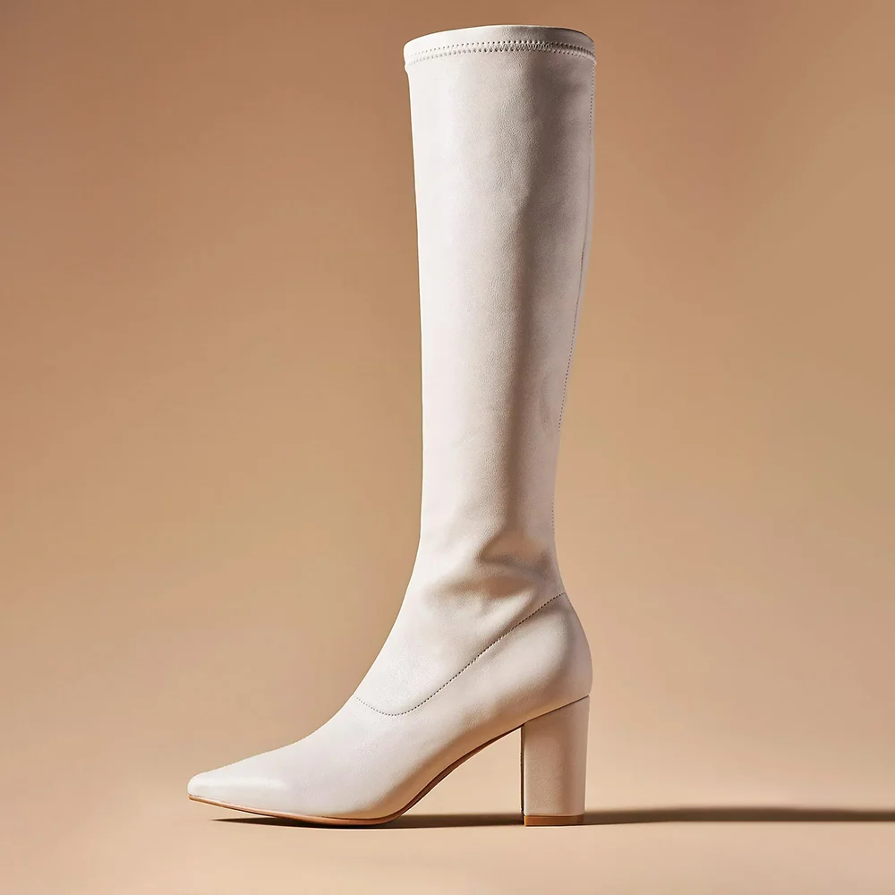 Ivory Pointed Toe Chunky heel Knee High Stretch Boots with Side Zipper