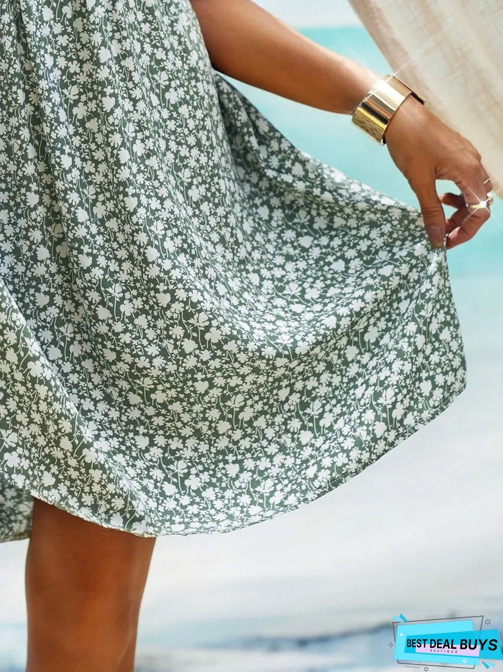 Boho Floral Print Short Sleeve Knee Length Dress