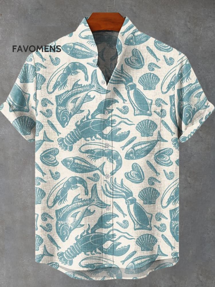 Teal Lobster And Fish Vintage Print Casual 100% Cotton Shirt Multicolor / S