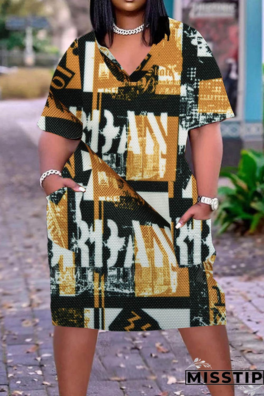 Multicolor Casual Print Patchwork V Neck Short Sleeve Dress Plus Size Dresses