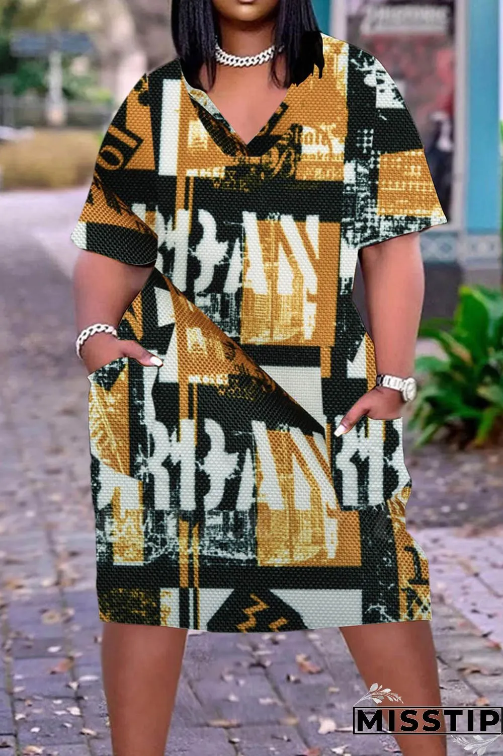 Multicolor Casual Print Patchwork V Neck Short Sleeve Dress Plus Size Dresses
