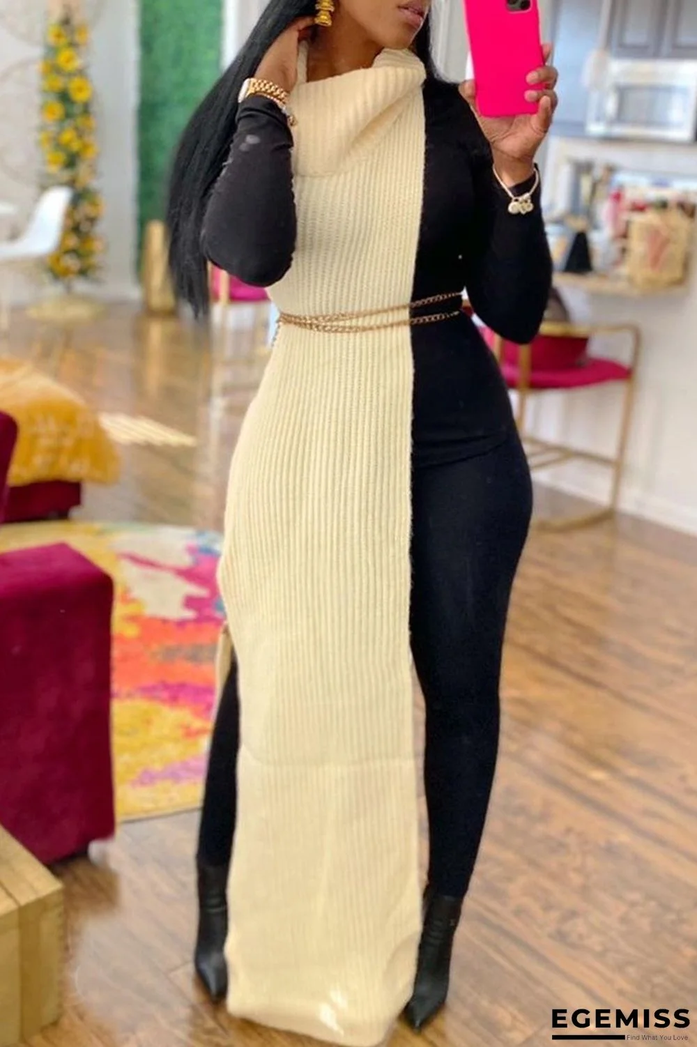 Apricot Fashion Casual Solid Slit Turtleneck Sleeveless Dress (Without Waist Chain) | EGEMISS