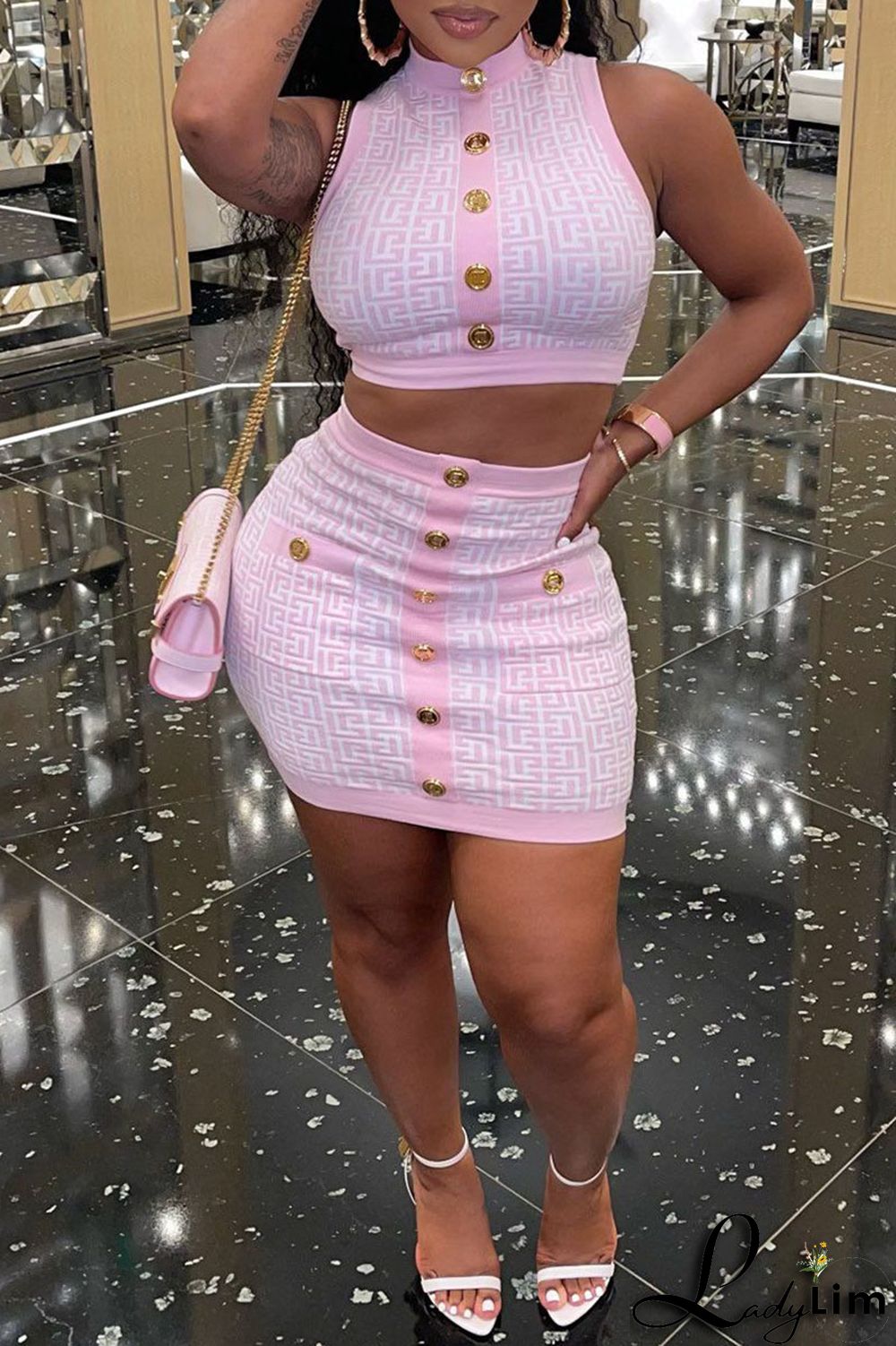 Black Sexy Print Patchwork Buttons O Neck Sleeveless Two Pieces