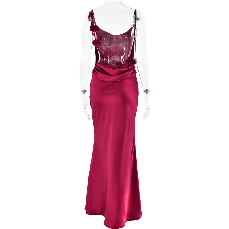 Ootddress Floral Draped Backless Maxi Long Dress For Women Fashion Spaghetti Strap Sleeveless Bodycon Evening Party Dress Elegant