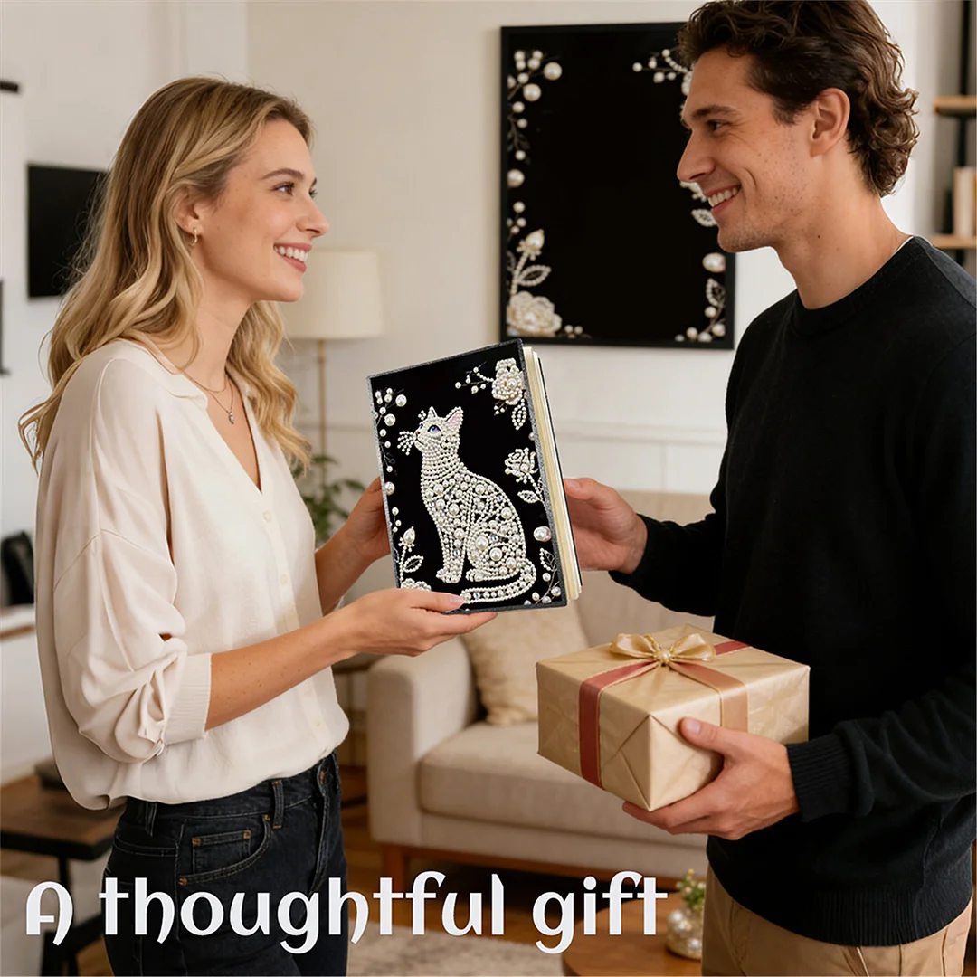 Flowers and Cat Partial Pearl DIY 50 Pages A5 Diamond Painting Notebook Special Shaped Diamond Art Diary Book Kits Wireless Strip 5D Crystal Art Paintings Sketchbook for Art Drawing