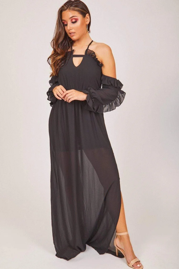 Black Sheer Frill Maxi Dress Katch Me