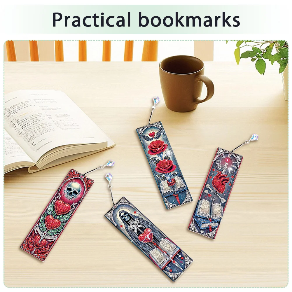 4Pcs Skull Rose Themed DIY Diamond Painting Bookmark for Reading Enthusiasts