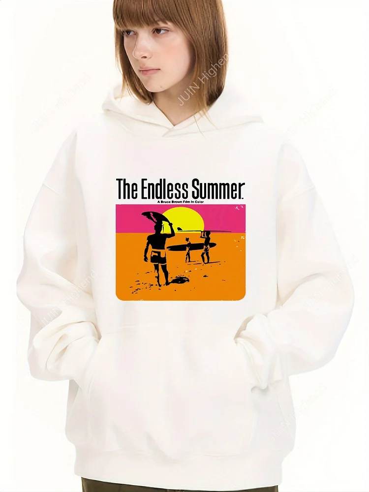 Women's The Endless Summer 1966 Vintage Surf Movie Hoodie - White Retro Surf Film Graphic Pullover Sweatshirt, Soft Polyester Hooded Sweatshirt For Surfing,,, Beach Outfits - Machine Washable Casual Vintage Apparel, Beachwear, Outdoor, Relaxed Fit