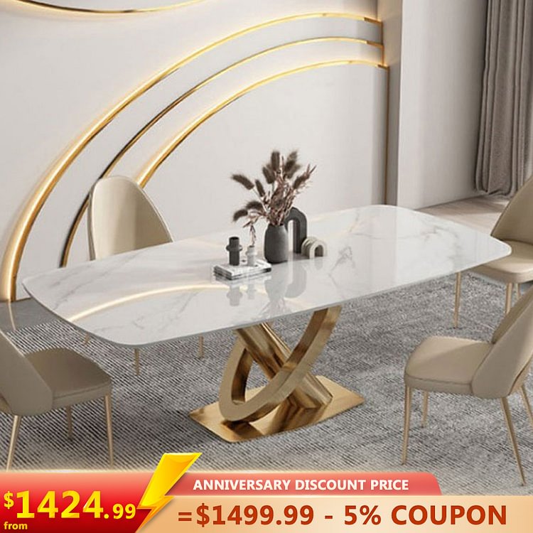 Homemys Modern White Dining Table Sintered Stone Top Stainless Steel Pedestal 