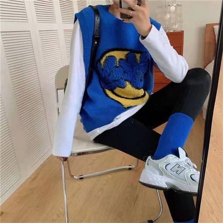 Smiling Print Spring Korean Style Clothes Loose and Versatile Round Neck Bright Color Sleeveless Vest Women New 2021 - BlackFridayBuys