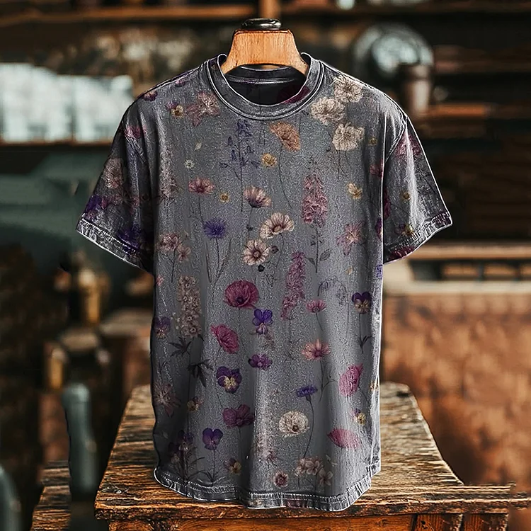 Utbros Unisex Vintage Floral Print Casual Loose Short Sleeve T-shirt