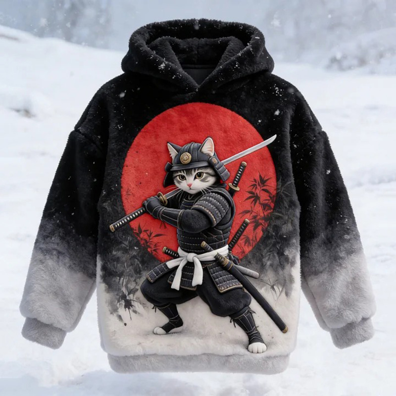 Men's Futuristic Sci-fi Art Mechanical Cat Warrior Japanese Print Casual Flannel Hoodie  artssus