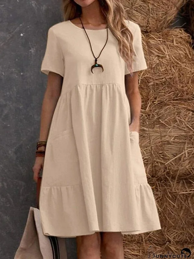 Casual Dress Cotton Linen Dress Maxi long Dress Linen / Cotton Blend Fashion Street Style Daily Date Weekend Crew Neck Ruffle Pocket Short Sleeve Summer Regular Fit claret Black Yellow for Women