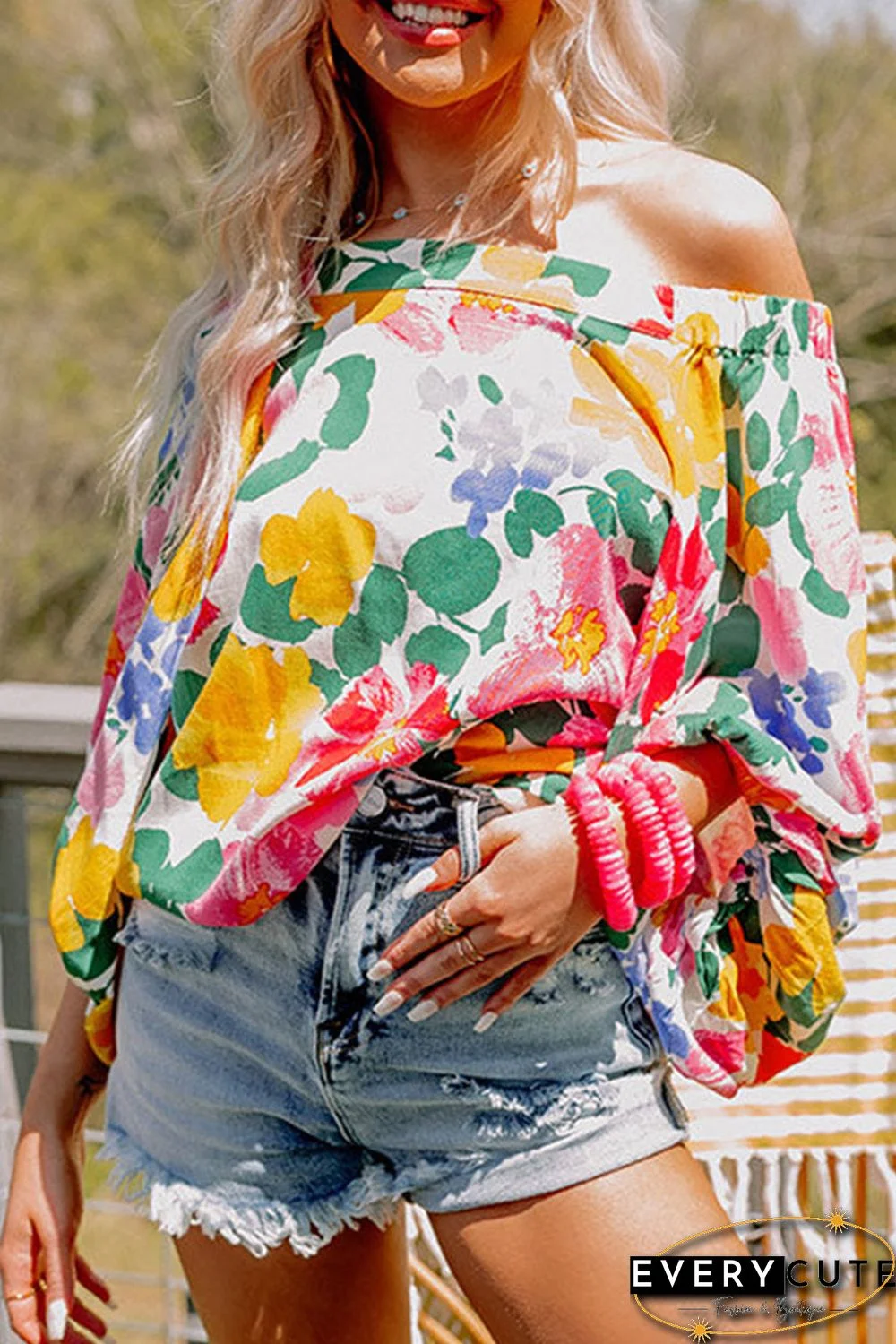 White Water Painting Flowers Sexy Off Shoulder Top