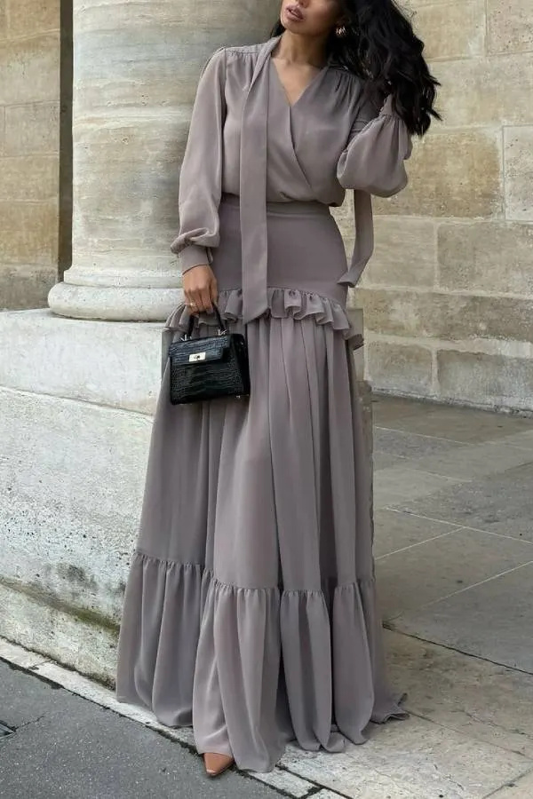 V-neck Lantern Sleeve High-Waisted Tiered Ruffle Maxi Dress