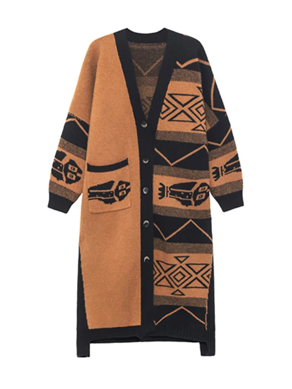 Urban Loose Knitting Asymmetric Jacquard Cardigan Coat