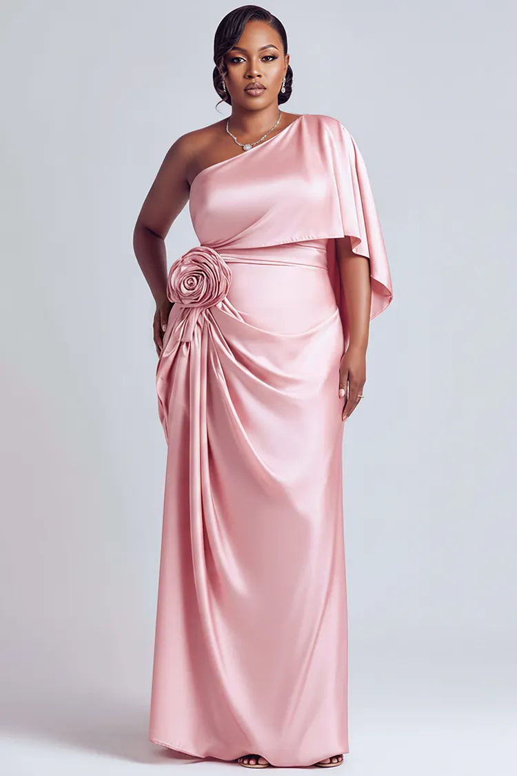 Xpluswear Design Plus Size Formal Pink Oblique Collar One Shoulder 3D Fold Satin Maxi Dresses [Pre-Order] 2024 - Xpluswear
