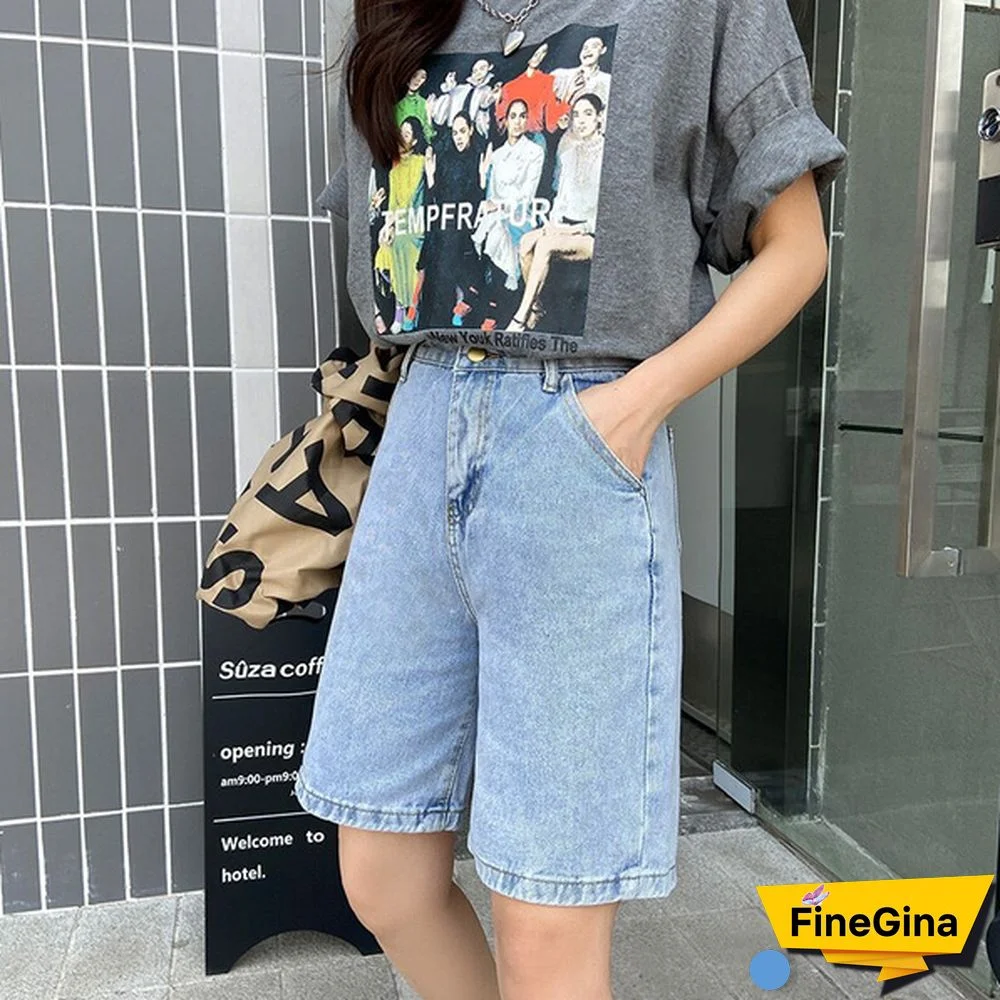 New Summer Women High Waist Wide Leg Black Denim Shorts Casual Female Loose Straight Button Jeans Bermuda Shorts
