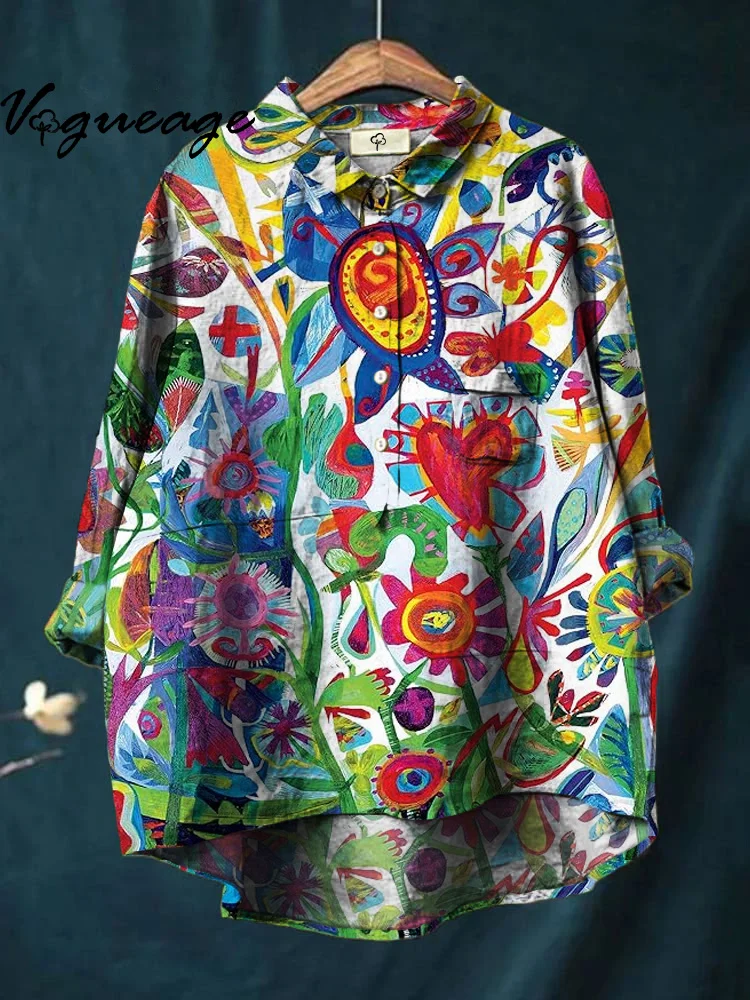 Line Hand Drawn Colorful Plants Print Cotton And Linen Shirt