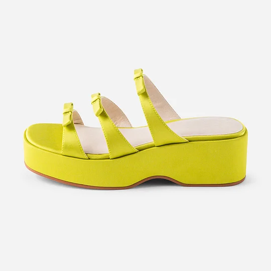 Lemon Yellow Open Square Toe Wedge Heel Platform Sandals