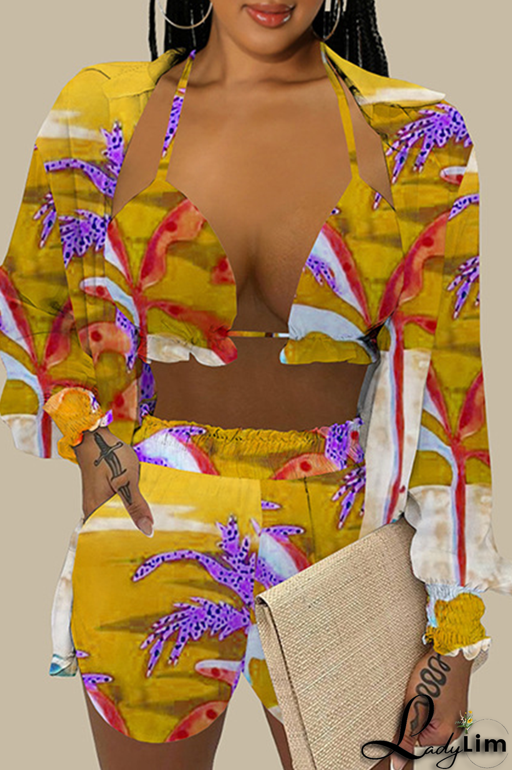 Sky Blue Casual Print Patchwork Halter Long Sleeve Three Pieces